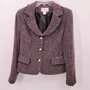 V By Versailles Boucle Blazer Women's 10 Black Pink Tweed Oversize Pearl Buttons
